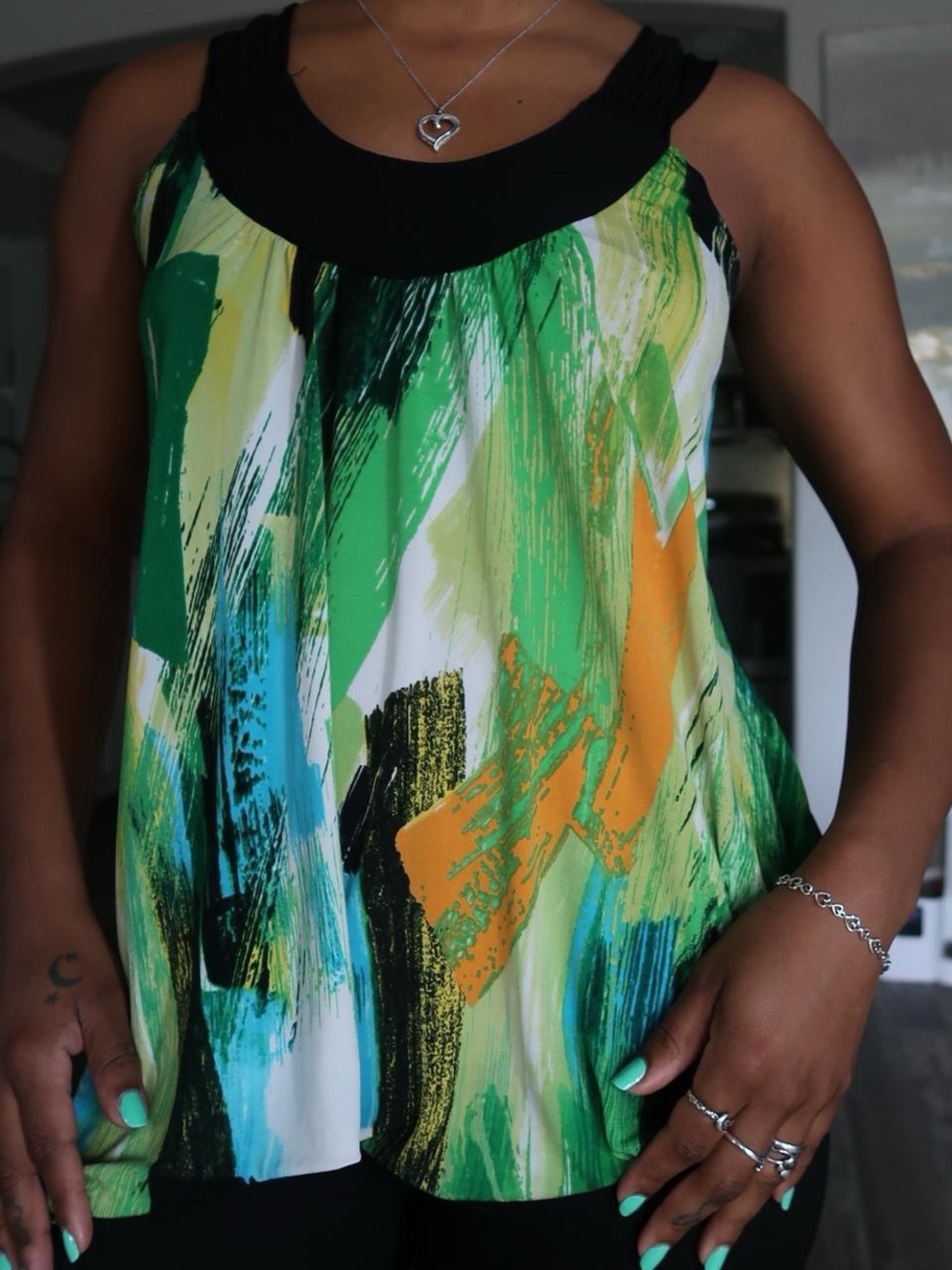 Y2K Tuscan Perceptions Black-Neck Brushstroke Tank Top in Green, Orange & Blue